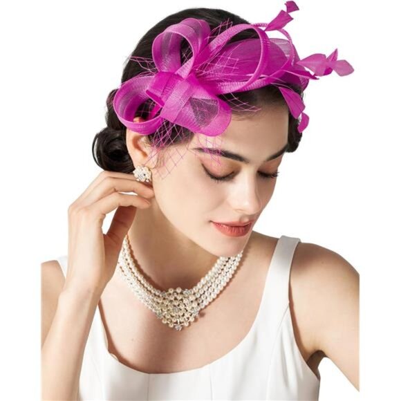 Fascinators Headband with Feather, Deep Pink main image 5
